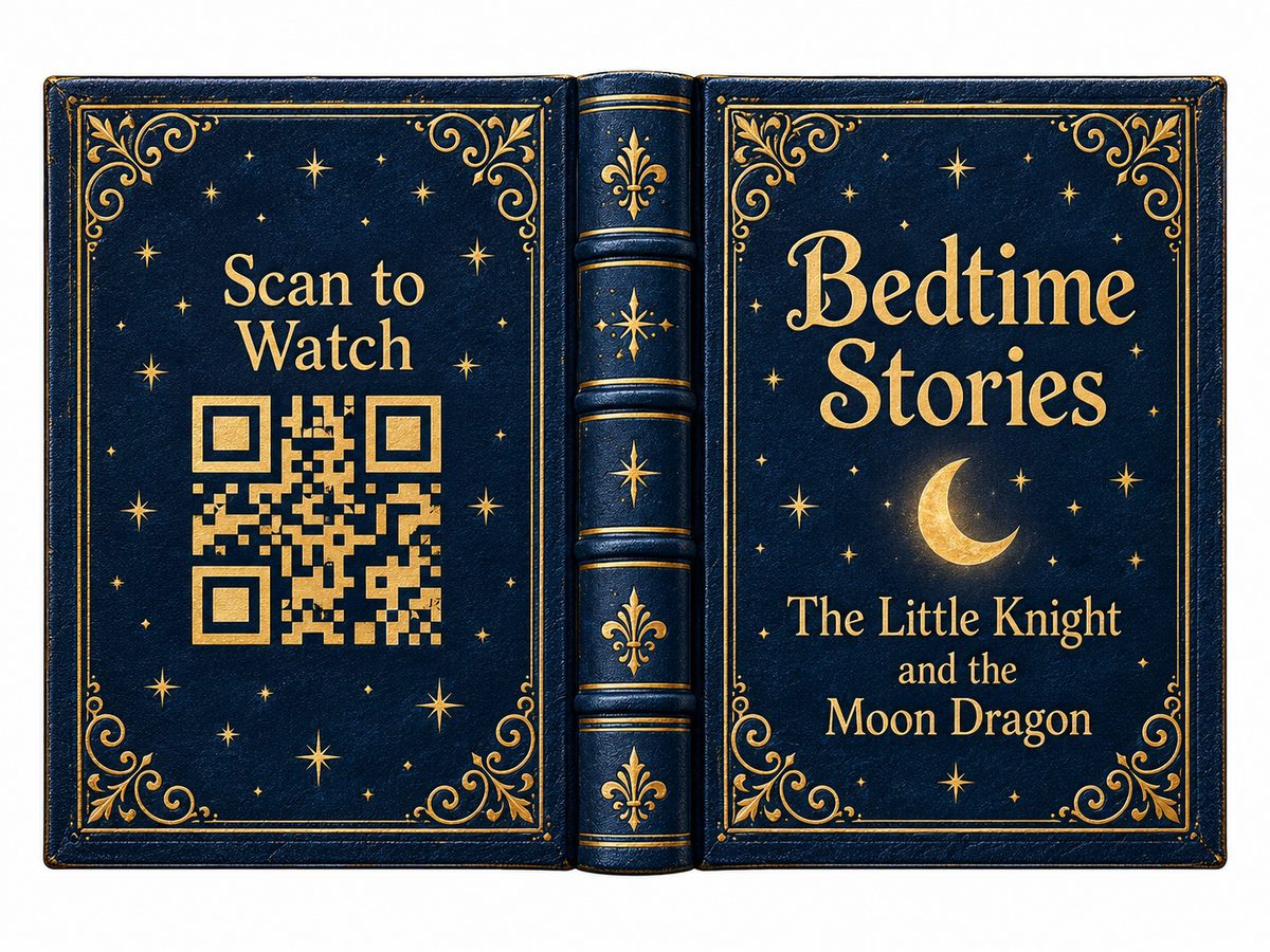 The BlankyBook folded into a book with the Bedtime Stories cover and a Scan to Watch QR code