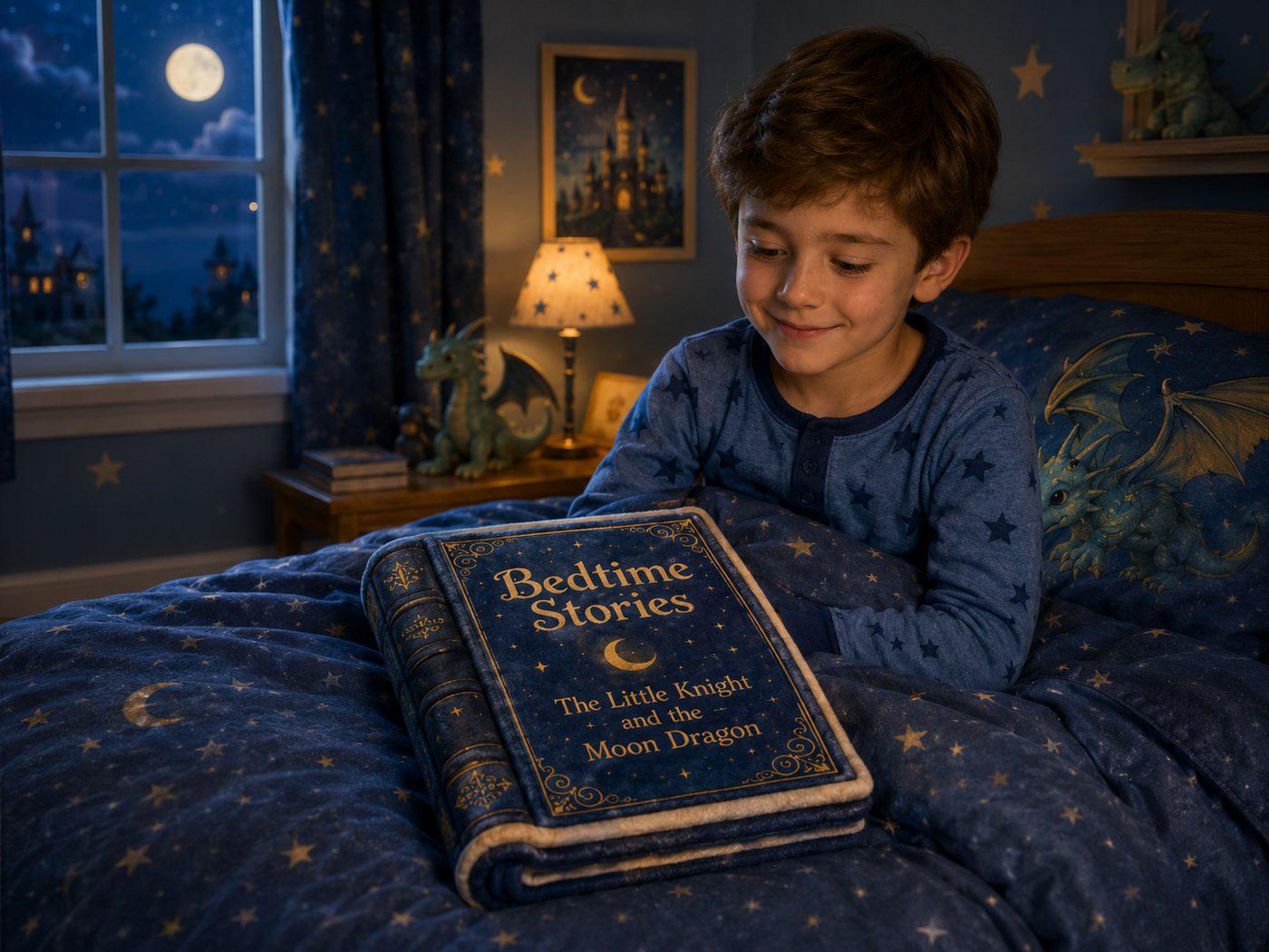 A boy in bed holding his folded BlankyBook
