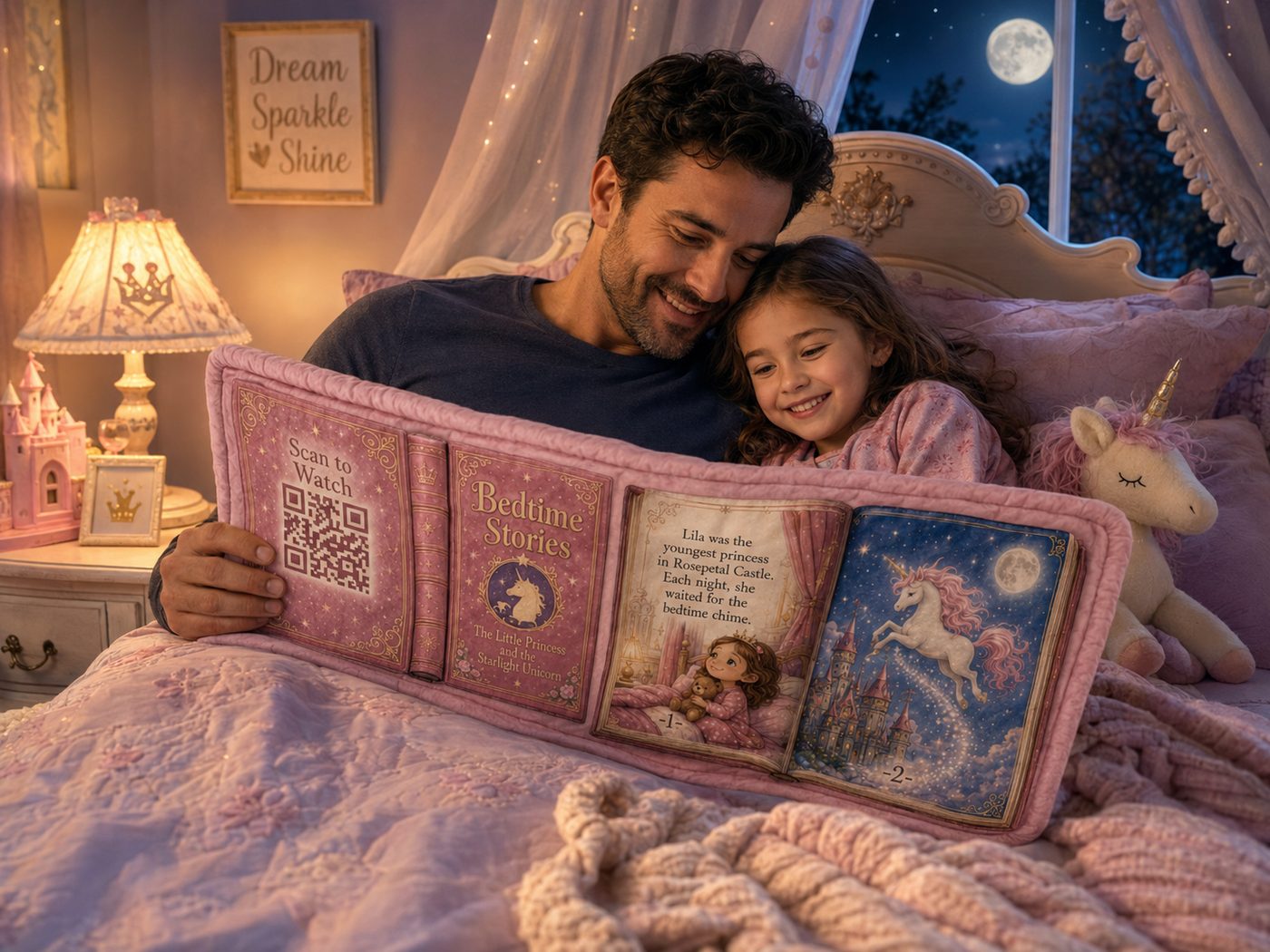 A father cuddles with his daughter reading the pink BlankyBook unicorn story