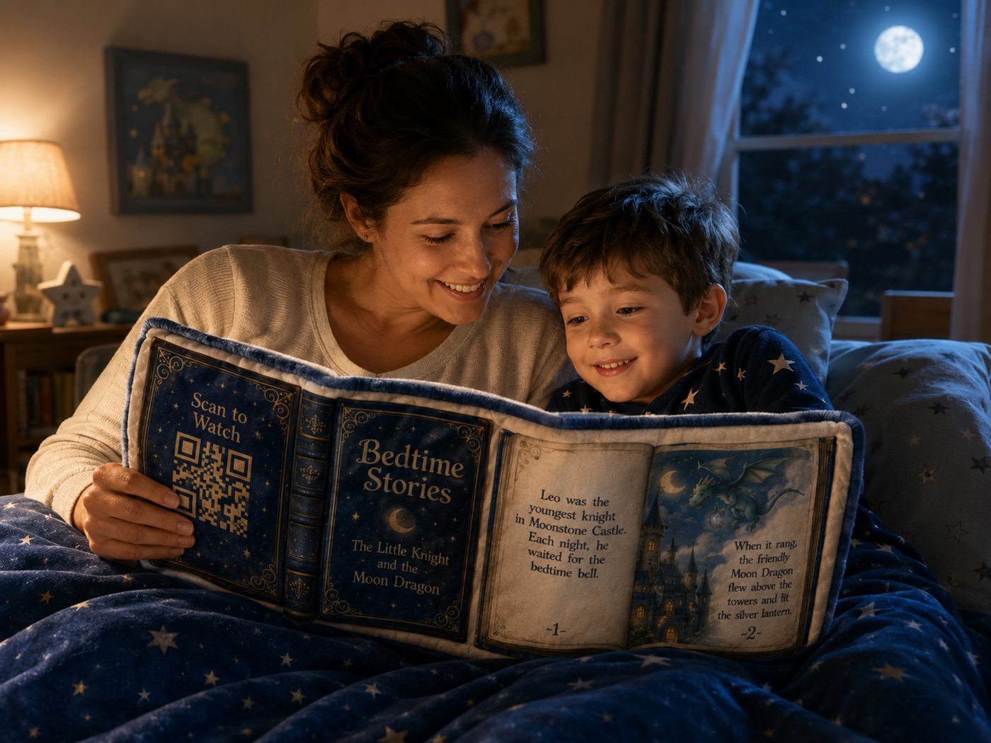 A mother reads the BlankyBook blanket book to her son in bed