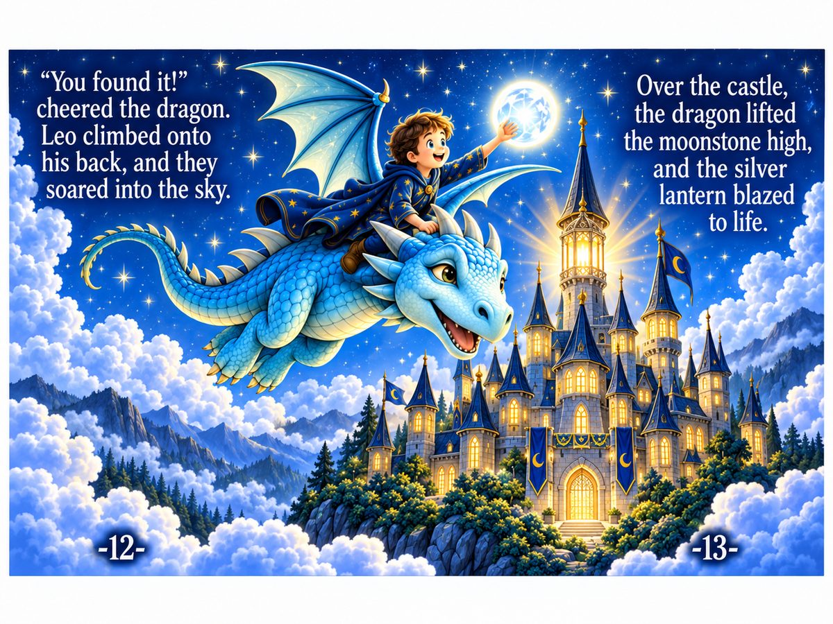 A large illustration of the knight flying home on the dragon spans two panels