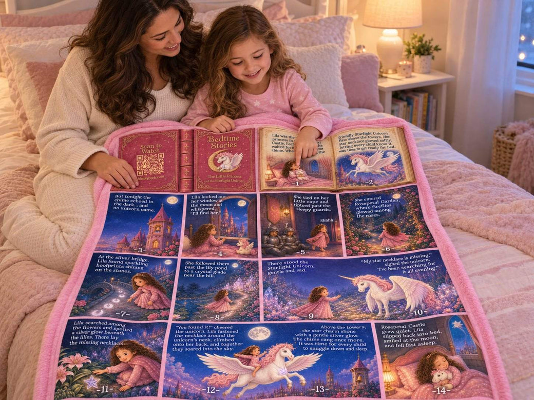 Starlight Unicorn | Mom and daughter reading the unicorn storybook blanket in bed