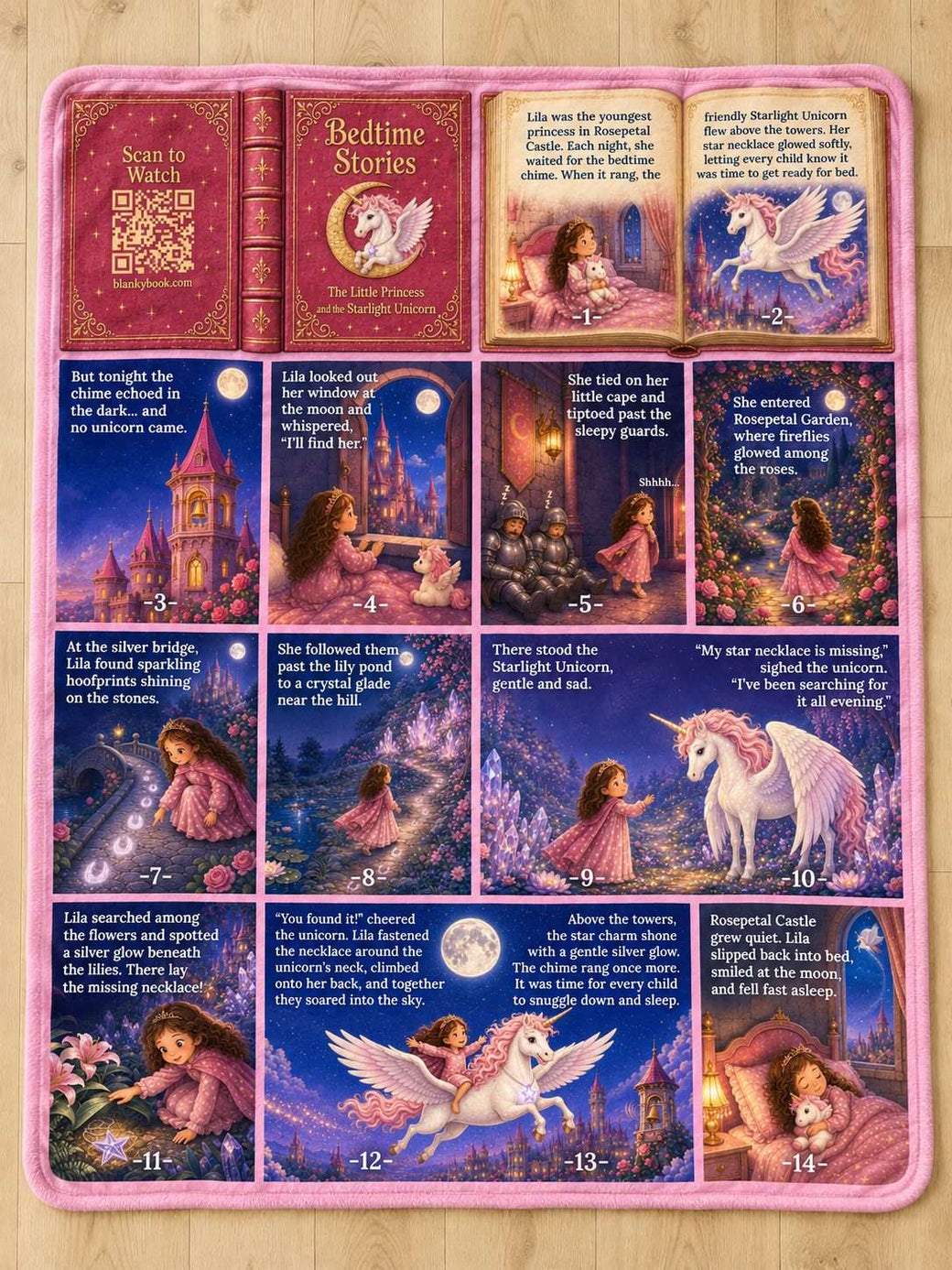 Starlight Unicorn | Unicorn storybook blanket laid flat on wood