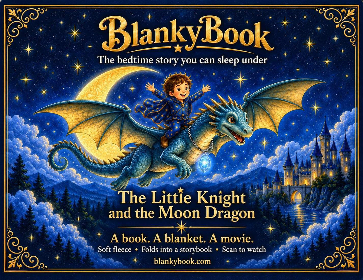 Moon Dragon BlankyBook gift packaging and folded storybook blanket